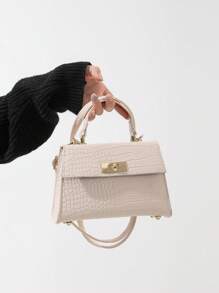 Fashionable Mini Metallic Alligator Pattern Crossbody & Handbag With Flip Lock Twist Closure - Beige - View 2