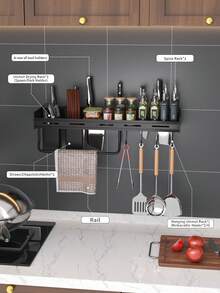 Treo Giá đỡ gia vị Giá treo tường Dụng cụ giữ dao Lưu trữ Giá đỡ Bộ đồ ăn Cái giá Phòng bếp Giá đỡ Gia vị Giá để đồ Gắn trên tường - màu đen - Xem 1