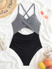 Drawstring Adjustable Shoulder Straps Striped-Panel One-Piece Swimsuit, Fashionable Beach Swimwear That Accentuates Curves Summer - Black - View 1
