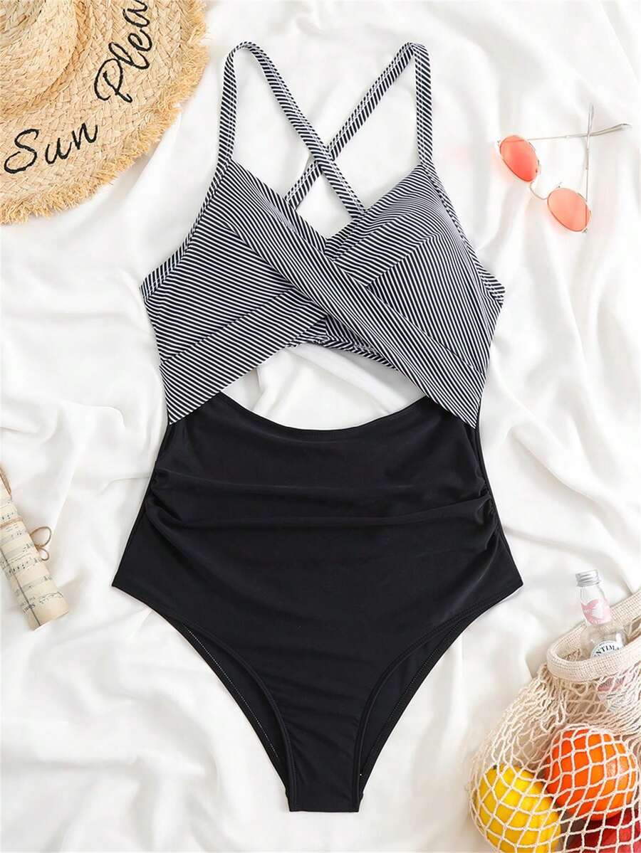 Drawstring Adjustable Shoulder Straps Striped-Panel One-Piece Swimsuit, Fashionable Beach Swimwear That Accentuates Curves Summer - Black - View 1