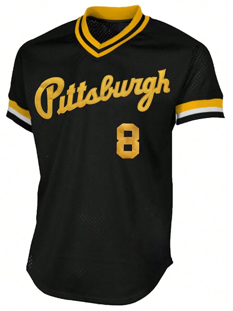 Men s Embroidery Baseball Jersey 8 Black Casual Short Sleeve V Neck T Shirts Party Sports Top SHEIN USA