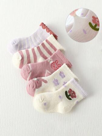 5雙/組可愛卡通兔子圖案嬰兒女童春夏襪子，配有褶邊裝飾，非常適合婚禮季節穿搭