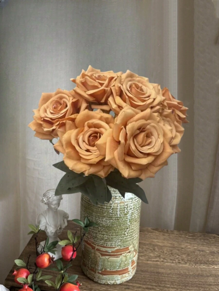 9-Head Roses Artificial Silk Flowers, Fake Roses With 43cm/17inch Long Stems Realistic Faux Rose Bouquets For Wedding Decorations Bridal Shower Floral Arrangements Party Home Table Decor Party Birthday,Valentine'S Day,Mother'S Day Gift Outdoor Decor - 橘色 - 查看 1