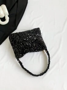 Lightweight, Business Casual Rhinestone Decor Bucket Bag Mini Drawstring Design, Clear Bag Faux Pearl Bag Evening Bag, Dinner Bag Glamorous, Elegant, Exquisite, Quiet Luxury Rhinestone For Party Girl, Woman, Bride Perfect For Party, Dinner/Banquet Christmas Party Dress, Perfectly Matching With New Years Outfit, Excellently Matching With Party Dresses For Women ,Wedding - Black - View 8