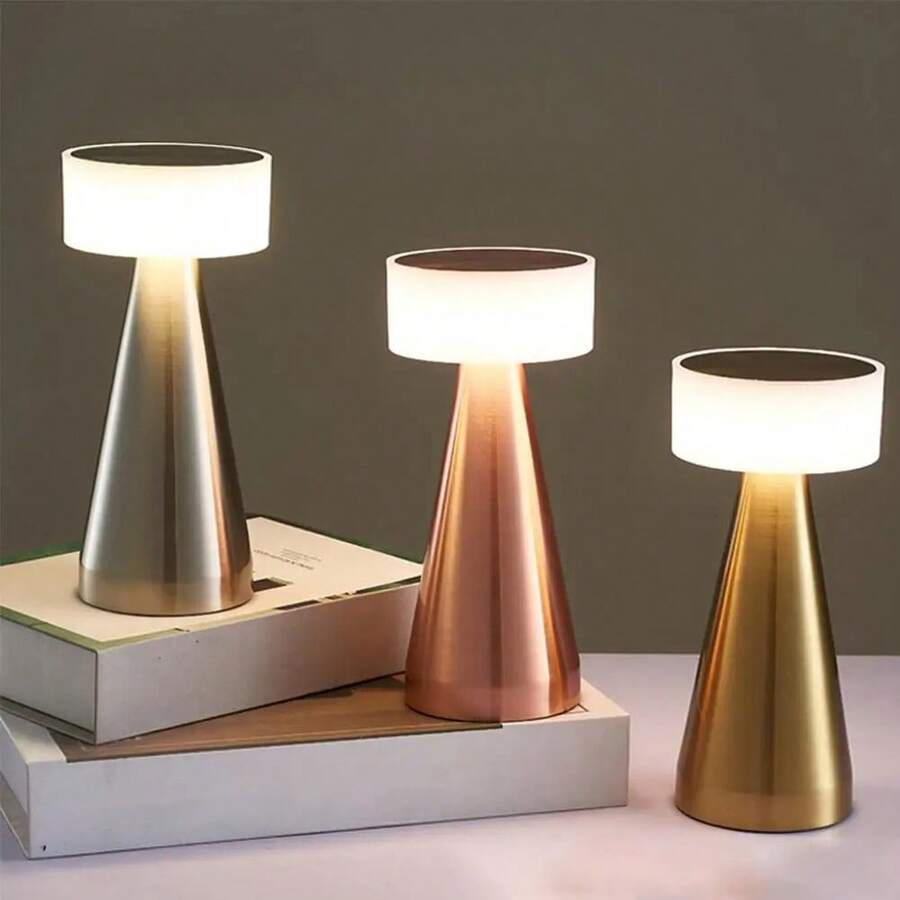 1個便攜式金屬led桌燈,無線金屬桌燈,3色觸控控制可充電燈,3級亮度房間裝飾桌燈,床頭燈,餐廳燈 - 三色變光 - 查看 1