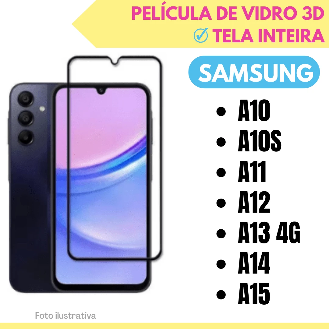 Película de Vidro 3D Sam.sung A10 / A10S / A11 / A12 / A13 4G / A14 / A15/ A16 / A17  Protetor de Tela Inteira. - Preto - Visão 1