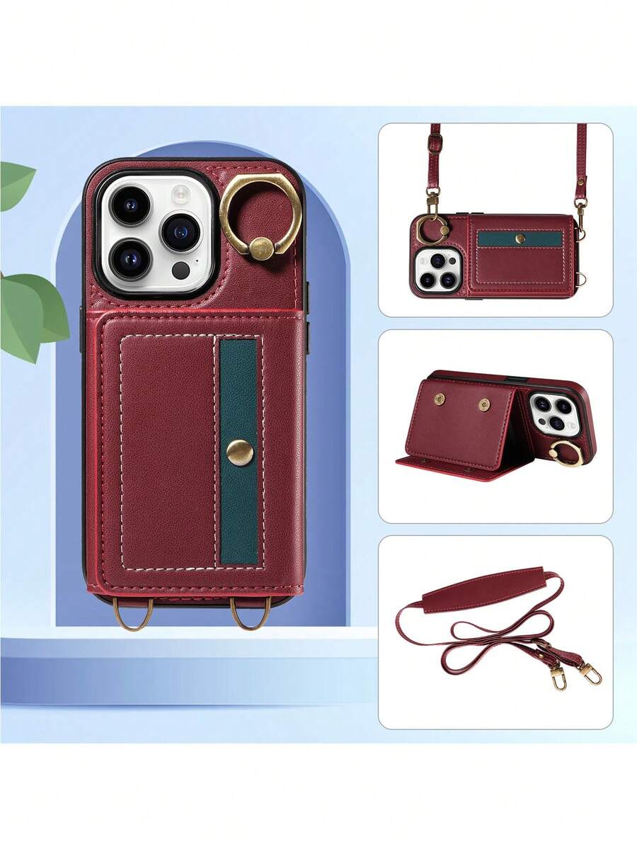 真皮手機殼，含卡片位、手鐲座、立架和5G防震保護，適用於Samsung S24、S23 Ultra、S21 FE和iPhone 15/14 Pro Max、13 Pro、12和11，奢華且時尚，適合女性使用者 - 酒紅色 - 查看 1