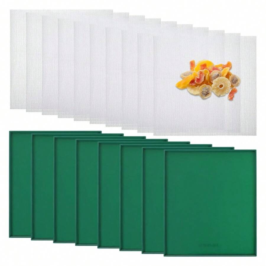 8 Pcs Silicone Dehydrator Sheets Fruit Trays With Edge And 10 Pcs Mesh Dehydrator Mats Non Stick Square Reusable Food Dehydrator Trays For Making Fruit Leather Dehydrated Eggs Vegetables - Nhiều màu - Xem 1