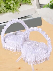 1 pieza Cojín de anillo para niña de las flores en boda con forma de corazón con encaje, caja de anillo con perlas y rhinestones en forma de corazón, cojín portador de anillo para niña de las flores, soporte para anillo de compromiso, caja de anillo con mariposa de encaje, caja de joyería, caja de almacenamiento de anillos de boda, soporte portador de anillo, cesta con mariposa para fiesta de boda, propuesta, declaración, cojín de anillo pequeño portátil, caja de anillo para el Día de San Valentín