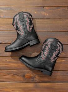 Kids Cowboy Boots, Western Style Riding Mid Calf Boots With Square Toe For Toddler & Little Boys And Girls - màu đen - Xem 3