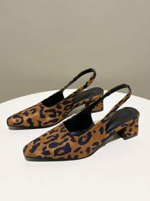 Women Low-Heeled Leopard Print Square-Toe Slingback Elastic Strap Sandals, Versatile Chunky Heels - Leopard - View 5