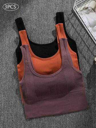 3 piezas Sujetador deportivo para mujer con ajuste ceñido y diseño de espalda con estilo, lencería