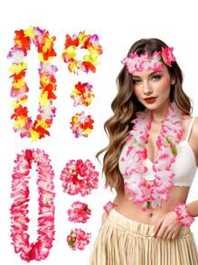 4 PC/Set Summer Boho Hippie Cute Pink Hawaii Flower Leis Women Men Tropical Floral Leis Crown Hawaiian Luaus Party Surfer Hairpin Flower Garland Hairbands Bracelet Set Suitable For Men Women Headband Beach Pool Birthday Parties Decorations Party Favors Music Festival Party, Beach Vacation,Wedding Party,Graduation Celebration ,Hair Accessoires