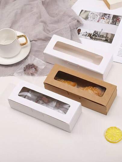 5入組矩形牛皮紙盒帶顯示窗，適用於馬卡龍、麻糬、甜點、蛋糕烘焙禮品包裝，適合戶外和派對。婚禮派對禮品袋。