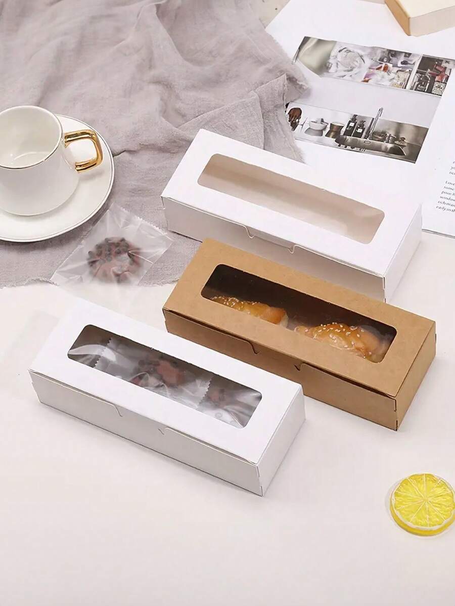 5pcs Rectangle Kraft Paper Box With Display Window For Macaron, Mochi, Dessert, Cake Baking Gift Packaging, Ideal For Outdoor And Party. Wedding Party Gift Bags - Multicolor - View 1