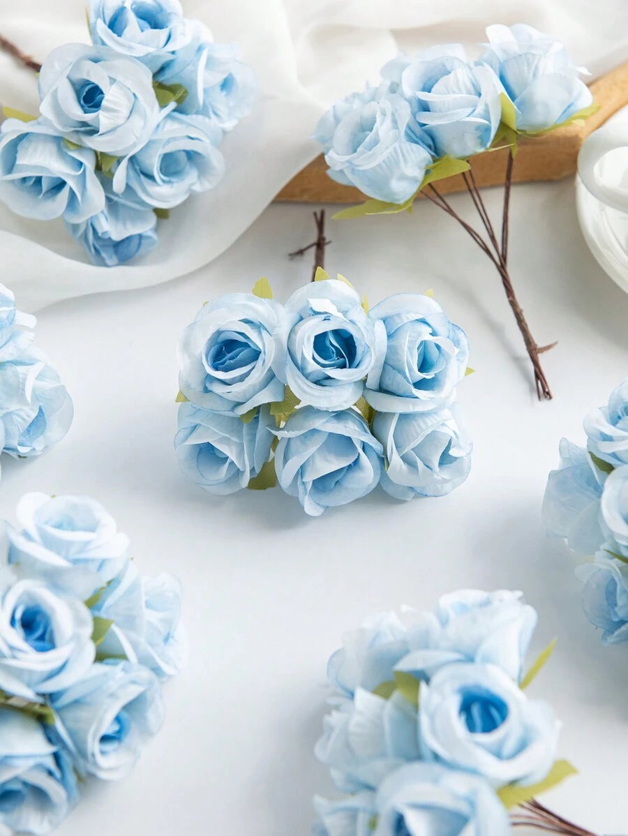 1pc (6 Heads) Artificial Flowers Bouquet MINI Rose Bud Letter DIY Wreath Material Candy Box Accessories Home Wedding Decoration Bride Wrist Flower Chest Flower Headflower Material Valentine's Day New Year Decoration Birthday Party Cake Accessories, Valentine Day, Gift Gifts Graduation - Baby Blue - View 1