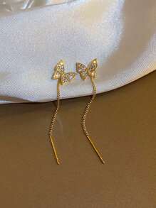 1 Pair Simple Rhinestone Butterfly Long Tassel Drop Earrings, Multi-Wear For Women, Gift With Random Cardboard (Random Cardboard) - Gold - View 5