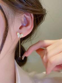 1 Pair Simple Rhinestone Butterfly Long Tassel Drop Earrings, Multi-Wear For Women, Gift With Random Cardboard (Random Cardboard) - Gold - View 2