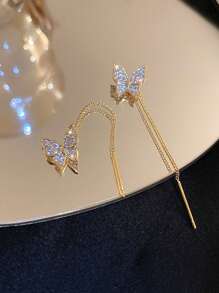 1 Pair Simple Rhinestone Butterfly Long Tassel Drop Earrings, Multi-Wear For Women, Gift With Random Cardboard (Random Cardboard) - Gold - View 3