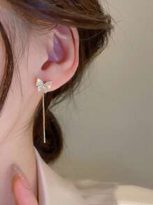 1 Pair Simple Rhinestone Butterfly Long Tassel Drop Earrings, Multi-Wear For Women, Gift With Random Cardboard (Random Cardboard) - Gold - View 4