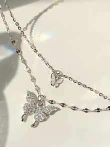 1件精致女士珠宝，新潮流S925银双层蝴蝶吊坠项链，简约清新风格，INS锁骨链，送给女朋友生日的完美礼物 - 銀色 - 查看 10