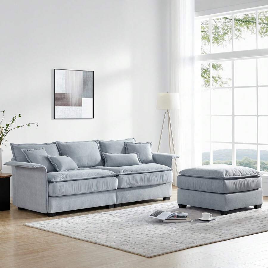 95*66"Oversized Luxury Sectional Sofa With Bentwood Armrests,3 Seat Upholstered Indoor Furniture With Double Cushions,L Shape Couch With Ottoman For Living Room,Apartment,3 Colors - Màu xanh lam - Xem 1
