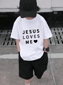 青少年男孩休闲标语印花圆领短袖 T 恤，年轻学生服装，1 件