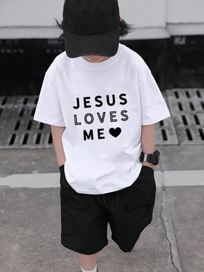 青少年男孩休闲标语印花圆领短袖 T 恤，年轻学生服装，1 件