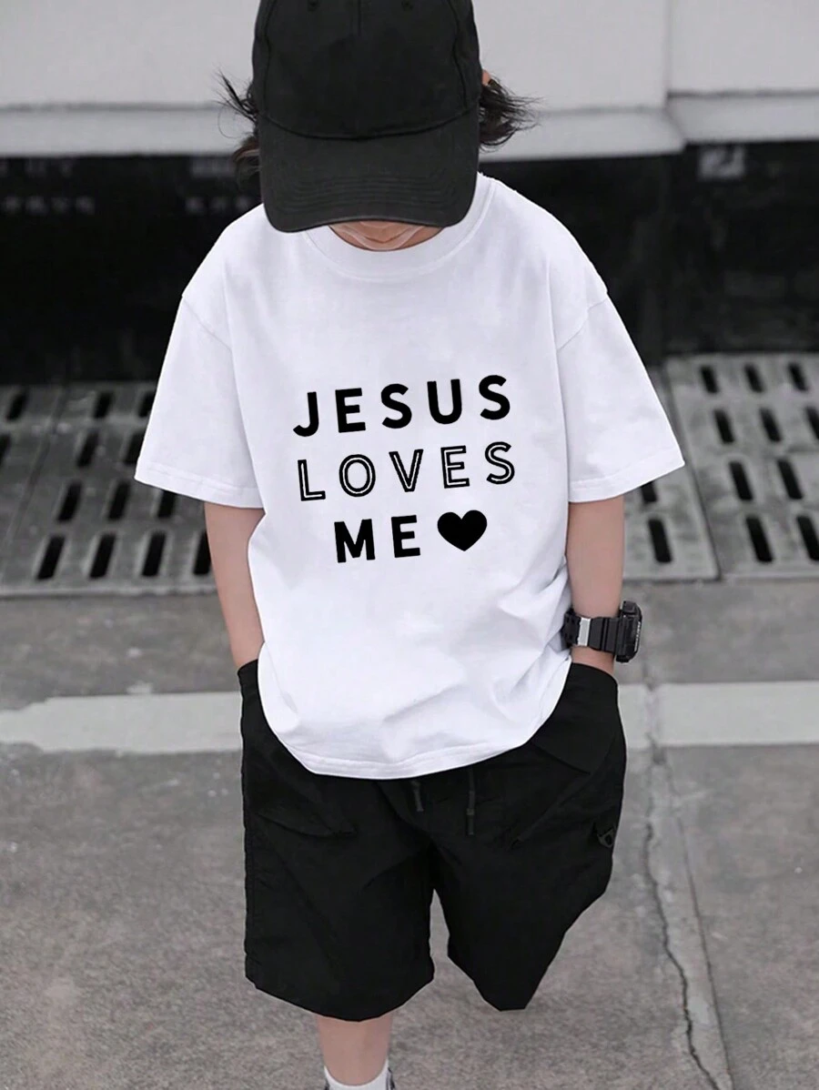 Áo thun cổ tròn tay ngắn in khẩu hiệu thường ngày cho bé trai tuổi mới lớn, Quần áo học sinh trẻ, 1 chiếc - trắng - Xem 1