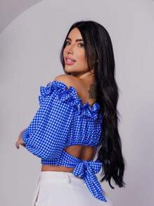 Blusa Xadrez Feminina Cropped xadrez top manga longa babado Veste 38/42 de Inverno - Azul - Visão 3
