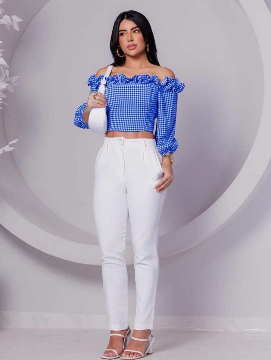 Blusa Xadrez Feminina Cropped xadrez top manga longa babado Veste 38/42 de Inverno - Azul - Visão 1