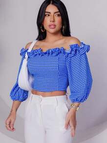 Blusa Xadrez Feminina Cropped xadrez top manga longa babado Veste 38/42 de Inverno - Azul - Visão 2