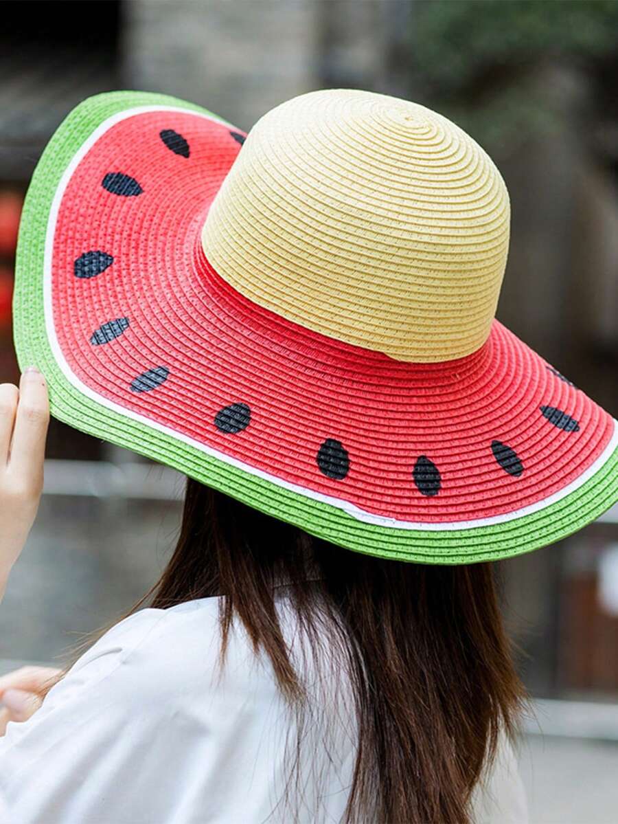 Mũ dưa hấu dành cho nữ, hoàn hảo để che nắng trên bãi biển hoặc trong kỳ nghỉ hè, có vành rộng và vành lớn, một chiếc mũ phổ biến trên mạng - Nhiều màu - Xem 1