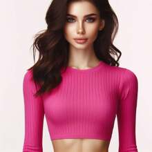 Ribb Crop Top Long Sleeve Round Neck Slim Fit - Hot Pink - View 2