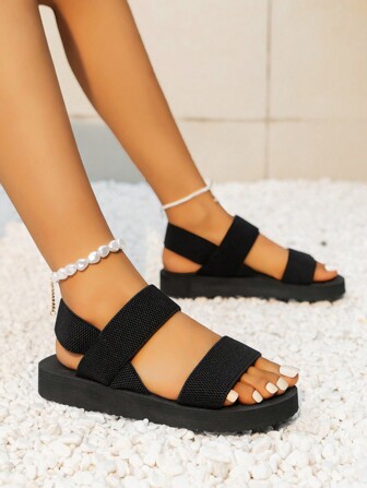 Women's Simple & Fashionable Round Toe Elastic Flat Roman Sandals, Comfortable Versatile For Summer Beach Holiday Party Student Hawaiian Style