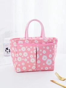 1 件新款雏菊印花手提袋，可爱樱桃图案午餐袋，多功能隔热冷藏袋，时尚便当盒手提包，适合学校/办公室，送给朋友的绝佳礼物 - 粉色 - 查看 2