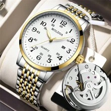 Comudir 品牌 1 件全新男士女士圆形表盘钢表带石英表夜光日历秒表时尚手表父亲