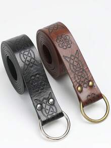 女性復古黑色/棕色中世紀腰帶，裝飾有壓花PU皮革和印花圖案，1入組男性戶外維京戰士海盜腰帶，適用於馬術和狩獵 - 彩色 - 查看 2