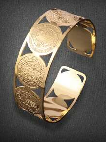 S.bani Pulseira Aberta Gravada Em Aço Inoxidável Cruz Para Mulheres, Pulseira Em Forma De C, Leve E Versátil - Dourado - Visão 1