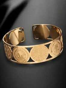 S.bani Pulseira Aberta Gravada Em Aço Inoxidável Cruz Para Mulheres, Pulseira Em Forma De C, Leve E Versátil - Dourado - Visão 2