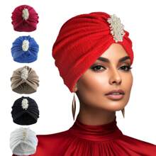 Mode Elegante Faux Parel Decor Tulband Cap Geëmbosseerde Elastische Hoofdband Voor Vrouwen Meisjes Bonnet Haar Bonnet Tulband Kerstmis