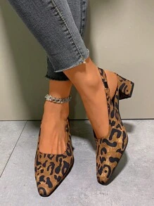 Women Low-Heeled Leopard Print Square-Toe Slingback Elastic Strap Sandals, Versatile Chunky Heels - Leopard - View 3