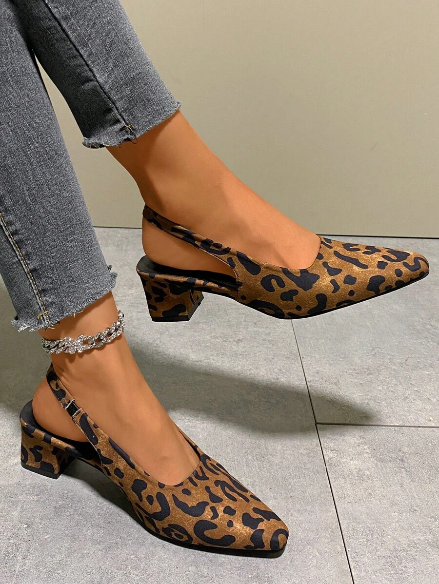 Women Low-Heeled Leopard Print Square-Toe Slingback Elastic Strap Sandals, Versatile Chunky Heels - Leopard - View 1