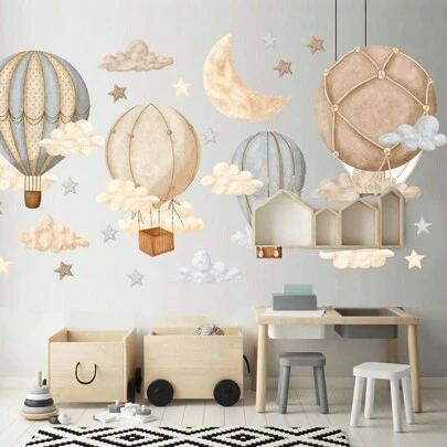 1套卡通熱氣球、星星、月亮、雲朵牆貼，適用於遊戲室、臥室、家居裝飾