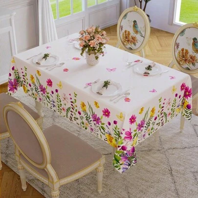 1pc Square Waterproof Flower Patterned Tablecloth, Wrinkle Resistant, Anti-Dirt, Decorative Polyester Tablecloth For Dining/Party/Picnic/Indoor/Outdoor Use, Spring