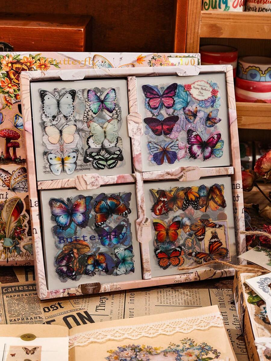 100 Pièces/ensemble Autocollants De Papillons Multicolores Vintage Dans Une Boîte, Adapté Pour Le Scrapbooking, Le Journal, Le Cahier, L'ordinateur Portable, Le Téléphone Portable, La Décoration D'intérieur - Multicolore - Voir 1
