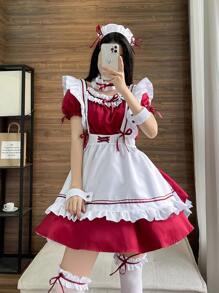 Maid Lolita Kawai Cosplay Costume Set - Burgundy - View 1