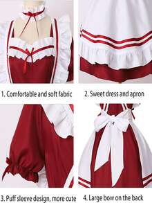 Maid Lolita Kawai Cosplay Costume Set - Burgundy - View 5