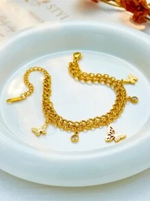 1 Pieza Vintage Y Sofisticado Pulsera De Doble Capa De Enlace De Acero Inoxidable Con Colgante De Mariposa Hueco De Metal Y Strass Para Las Mujeres, Adecuado Para Uso Diario - Pulsera - Ver 2
