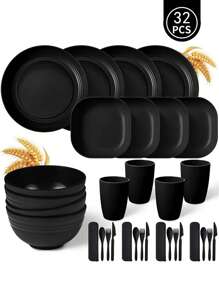 4pcs/32pcs Plastic Dinnerware Set, Lightweight Reusable Tableware Set Including 8 Plates, 4 Bowls, 4 Cups, 4 Knives, 4 Forks, 4 Spoons, Ideal For 4 People School Supplies,Christmas Gift - Black - View 15